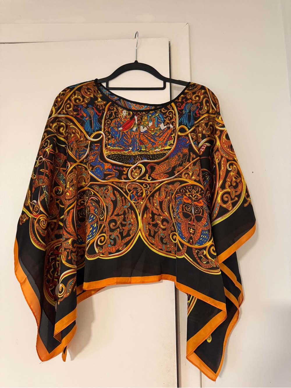 Ornate Black & Orange Silk like Poncho Top( New)